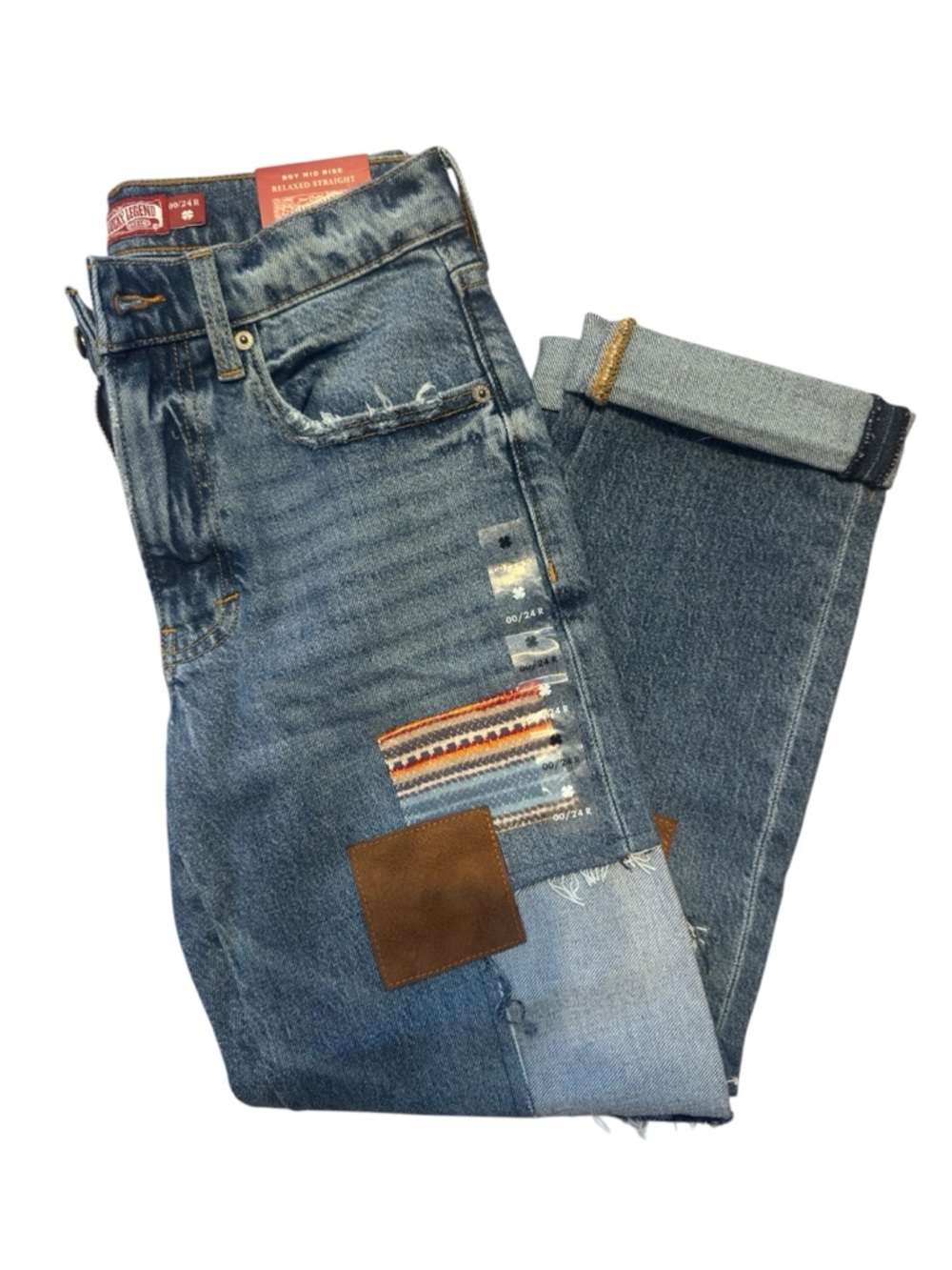 NWT Lucky Brand Lucky Legend Patchwork Mid Rise Straight Boyfriend Jeans 00 W 28